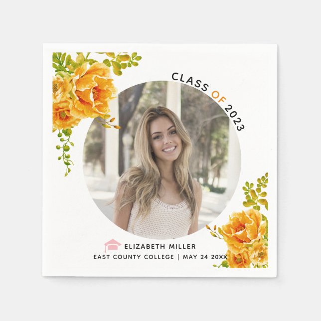 Orange flowers Class of 2022 graduation photo Napkin (Front)