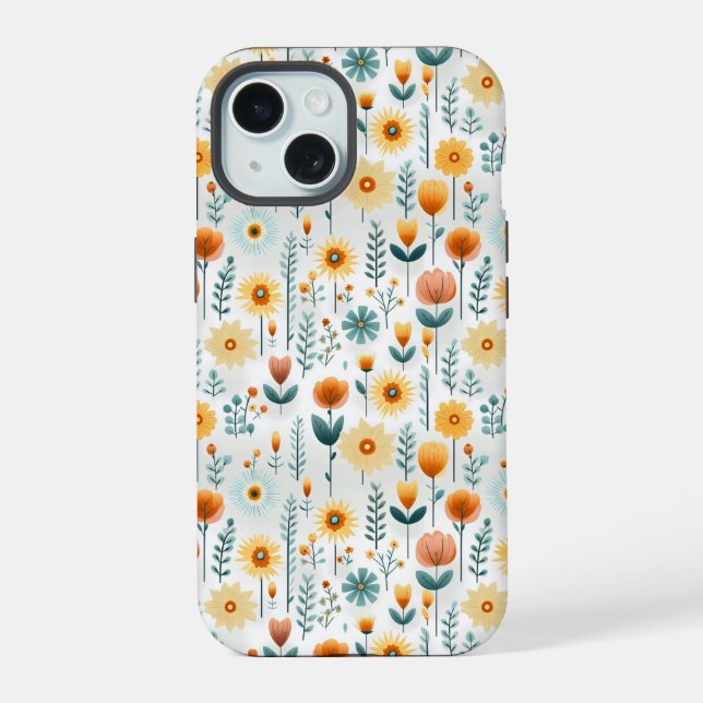 Orange Flowers Colourful Pattern iPhone 15 Case (Back)
