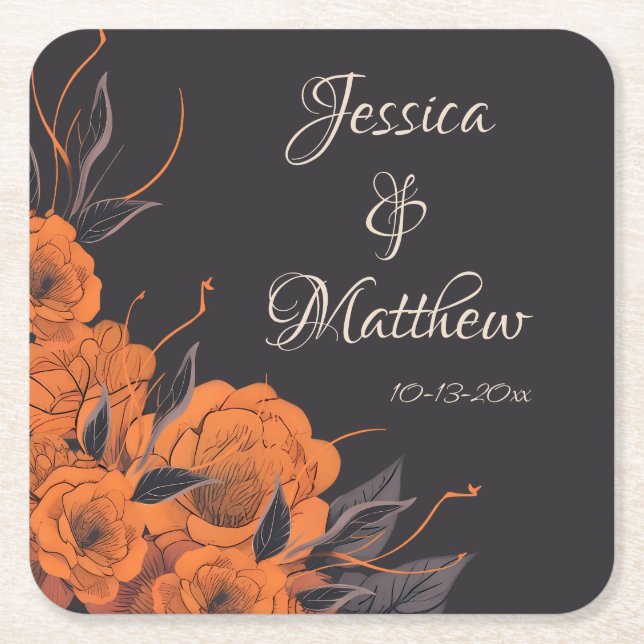 Orange Flowers Elegant Chic date Wedding  Square Paper Coaster (Front)