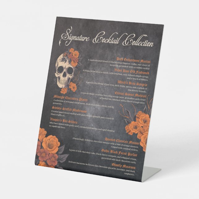 Orange Flowers Elegant Cocktail Menu  Pedestal Sign (Front)