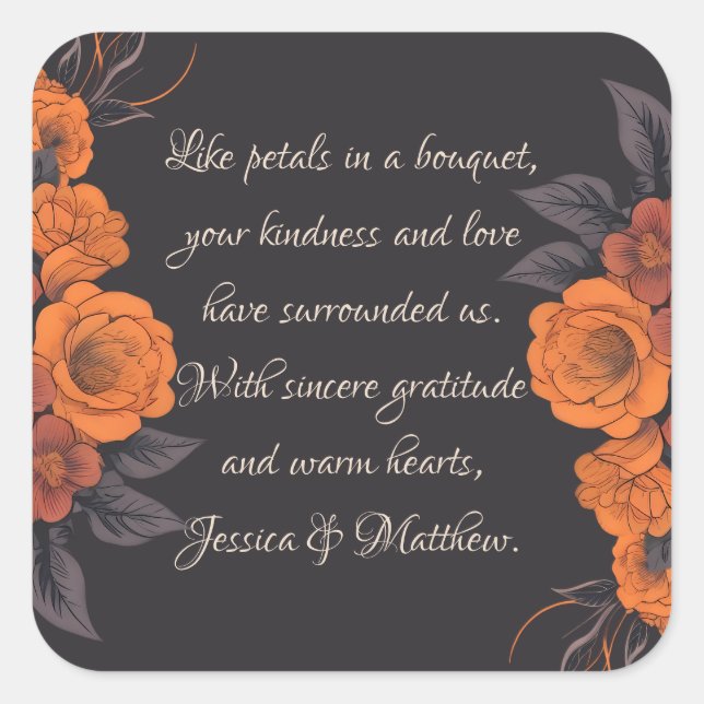 Orange Flowers Elegant Gratitude Wedding Sticker (Front)