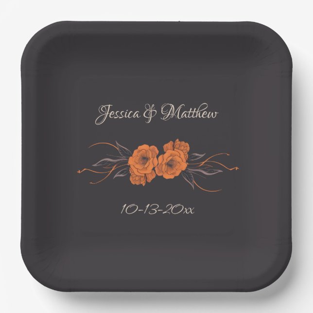 Orange Flowers Elegant Minimalist date Wedding  Paper Plate (Front)