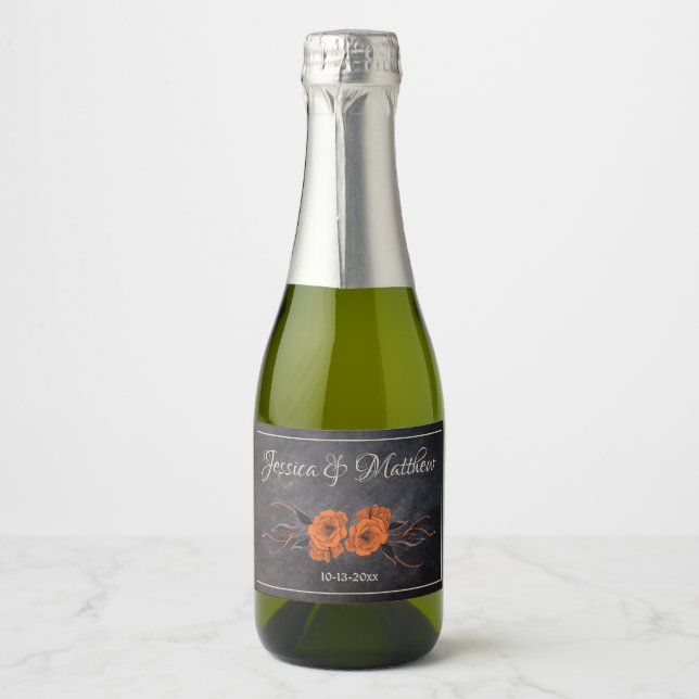 Orange Flowers Elegant Minimalist date Wedding  Sparkling Wine Label (Front)