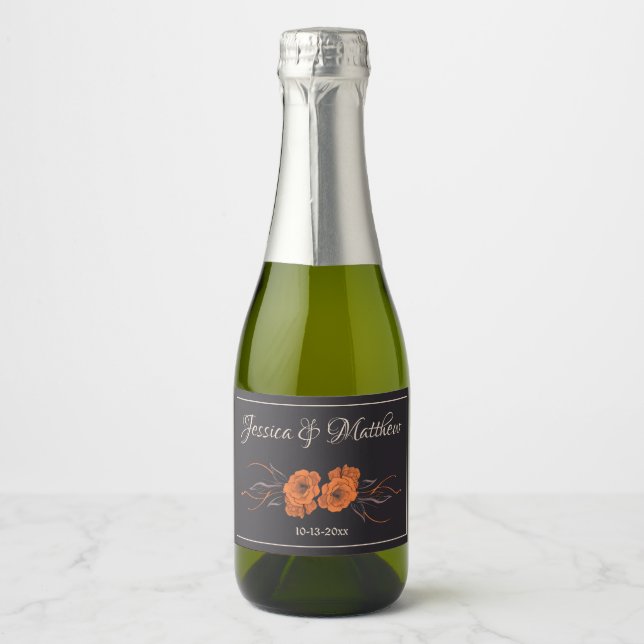 Orange Flowers Elegant Minimalist date Wedding  Sparkling Wine Label (Front)