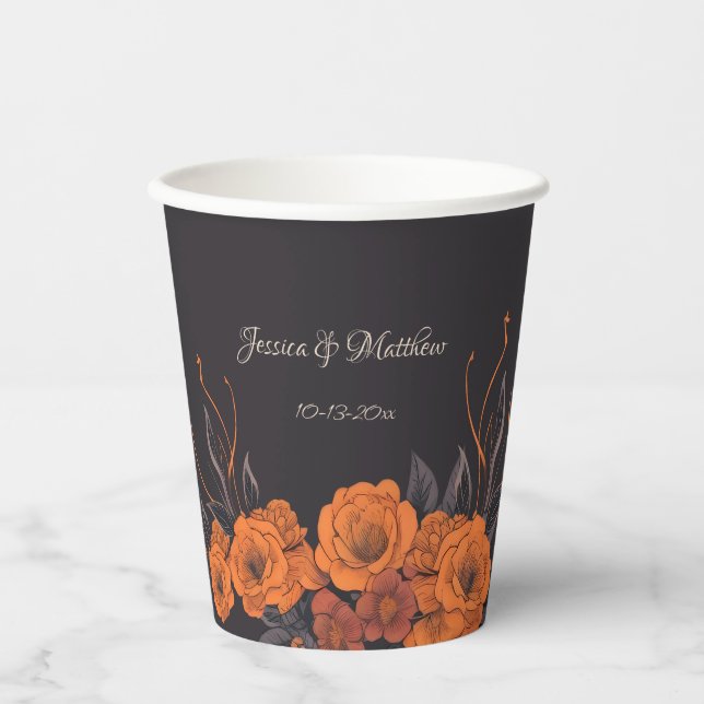 Orange Flowers Elegant Monogram Wedding Paper Cups (Front)