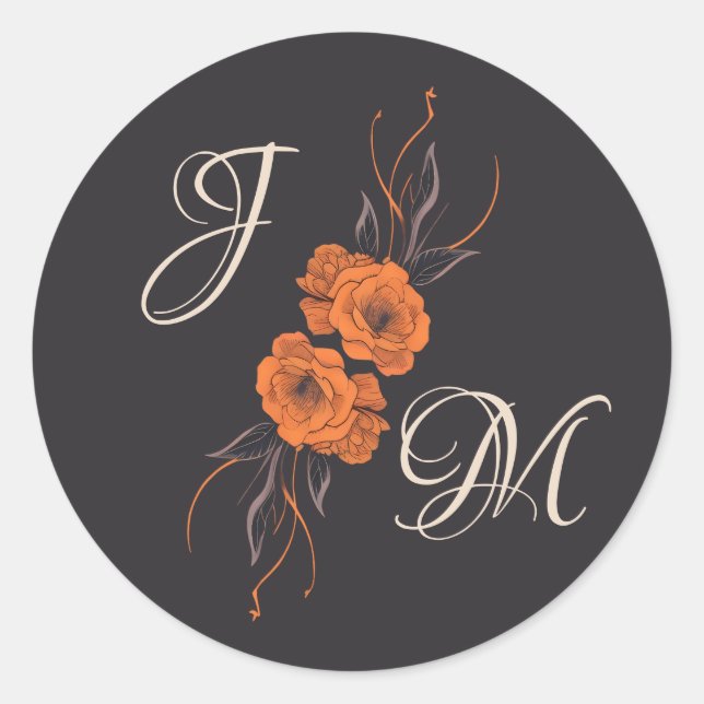Orange Flowers Elegant Monogram Wedding Sticker (Front)