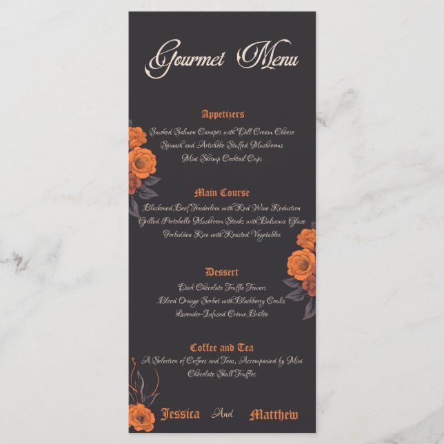 Orange flowers elegant simple gourmet menu (Front)