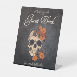 Orange Flowers Elegant Skull Guest Book Wedding Pedestal Sign