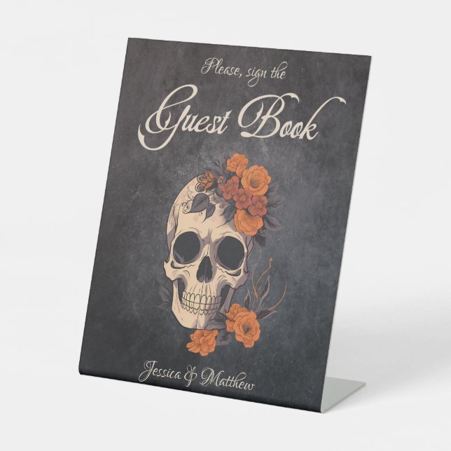 Orange Flowers Elegant Skull Guest Book Wedding Pedestal Sign (Front)