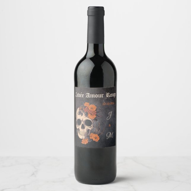 Orange Flowers Elegant  Skull Monogram wedding Wine Label (Front)