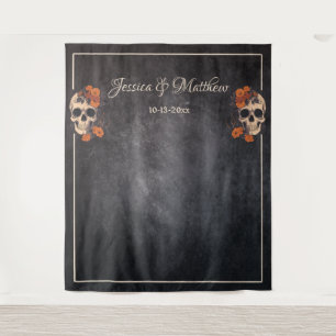 Orange Flowers Elegant Skull Wedding Backdrop  Tapestry