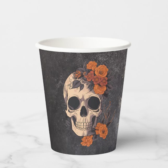 Orange Flowers Elegant Skull Wedding Paper Cups (Front)