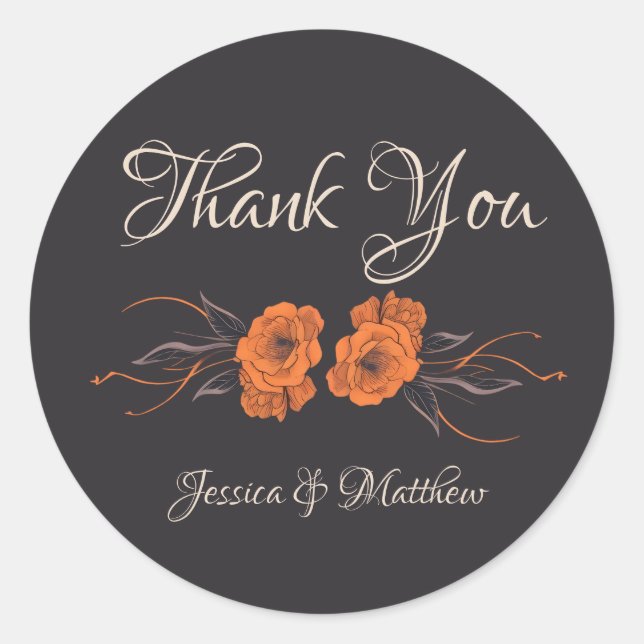 Orange Flowers Elegant Thank You Wedding Sticker (Front)