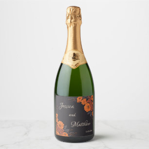 Orange Flowers Elegant  Traditional Wedding Sparkling Wine Label
