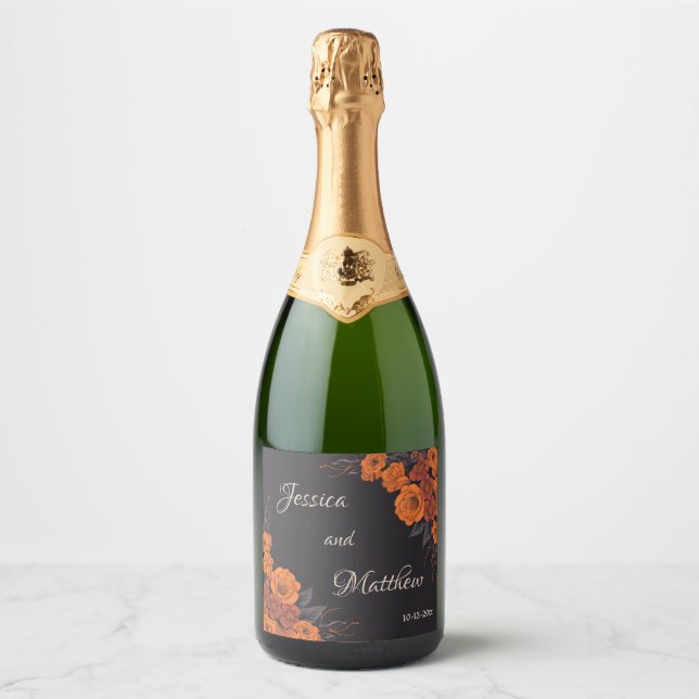 Orange Flowers Elegant  Traditional Wedding Sparkling Wine Label (Front)