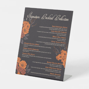 Orange Flowers Elegant Wedding Cocktail Menu  Pedestal Sign