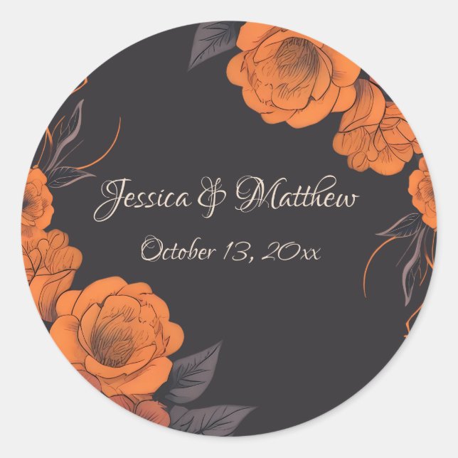 Orange Flowers Elegant Wedding Sticker (Front)