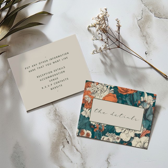 Orange Flowers Elegant Wedding the details Enclosure Card (Back and front Wedding "the details" card: Vintage floral frame with elegant green script and text.)
