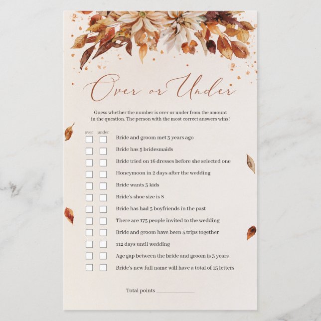 Orange Flowers Fall Floral Boho Over or Under Game (Front)