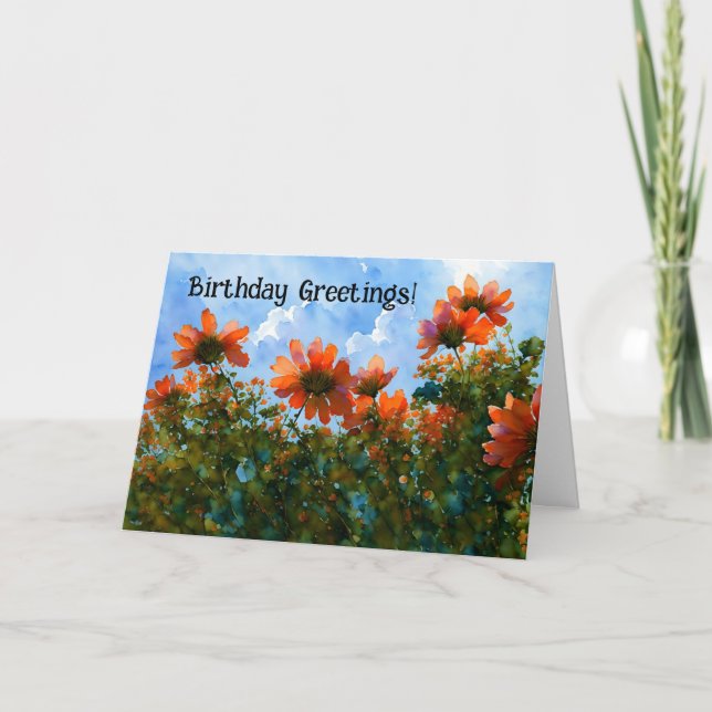 Orange Flowers Floral Art Birthday Card (Front)