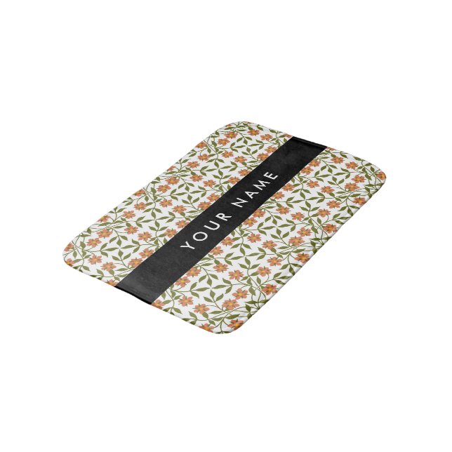 Orange Flowers, Floral Pattern, Boho, Your Name Bath Mat (Angled)