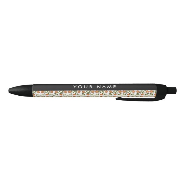 Orange Flowers, Floral Pattern, Boho, Your Name Black Ink Pen (Bottom)