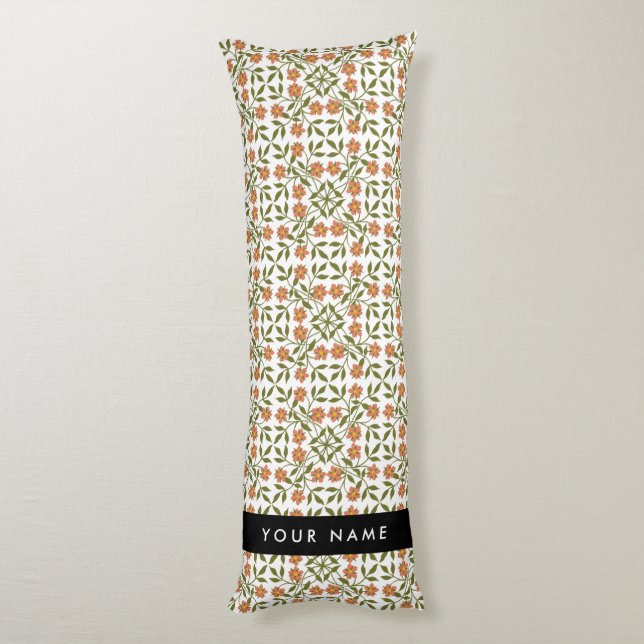 Orange Flowers, Floral Pattern, Boho, Your Name Body Cushion (Back (Vertical))