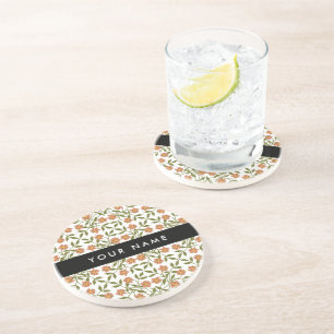Orange Flowers, Floral Pattern, Boho, Your Name Coaster