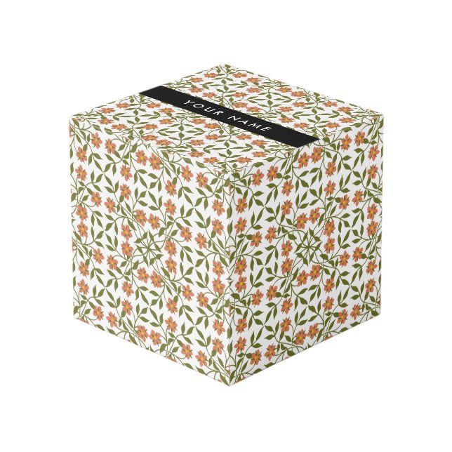 Orange Flowers, Floral Pattern, Boho, Your Name Cube (Front Angled)