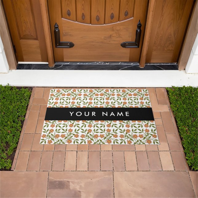 Orange Flowers, Floral Pattern, Boho, Your Name Doormat (Outdoor)