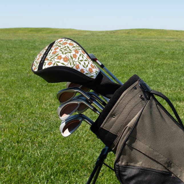Orange Flowers, Floral Pattern, Boho, Your Name Golf Head Cover (In Situ)