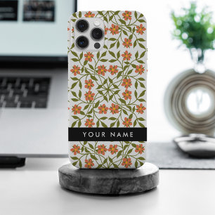 Orange Flowers, Floral Pattern, Boho, Your Name iPhone 15 Pro Max Case