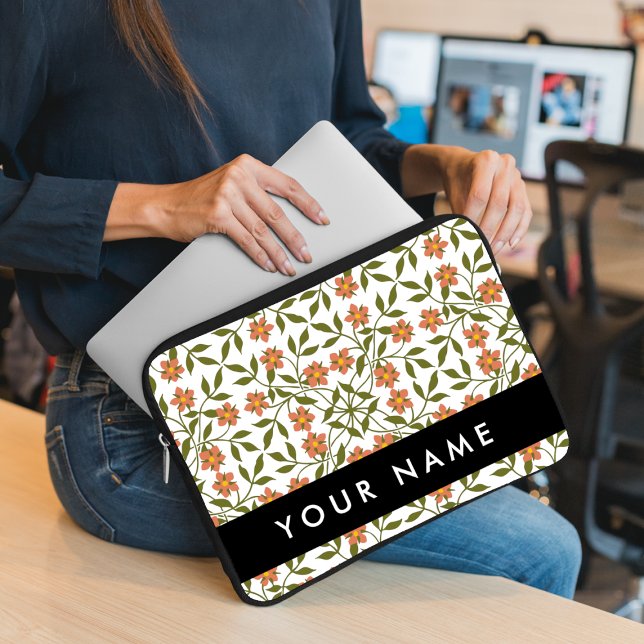 Orange Flowers, Floral Pattern, Boho, Your Name Laptop Sleeve (Creator Uploaded)