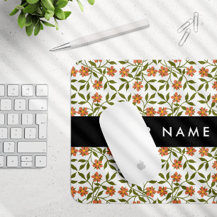 Orange Flowers, Floral Pattern, Boho, Your Name Mouse Mat