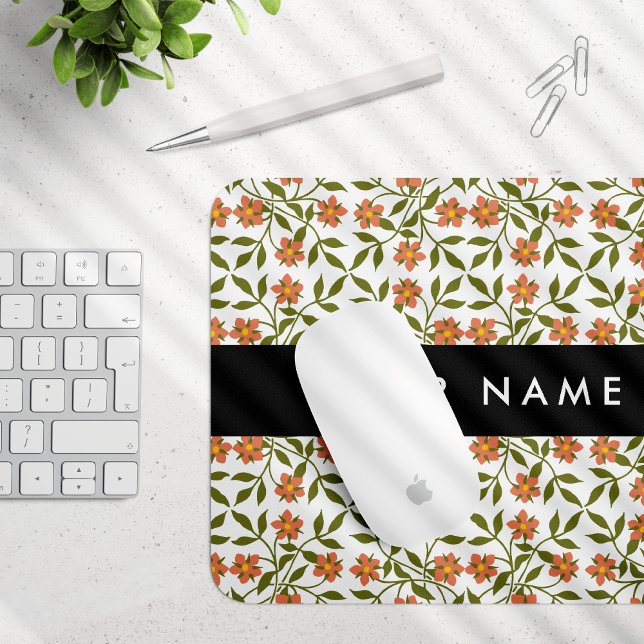 Orange Flowers, Floral Pattern, Boho, Your Name Mouse Mat (Creator Uploaded)