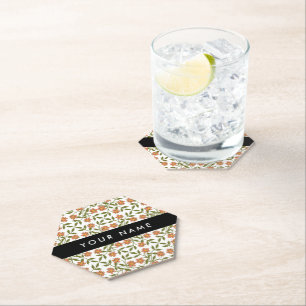 Orange Flowers, Floral Pattern, Boho, Your Name Paper Coaster