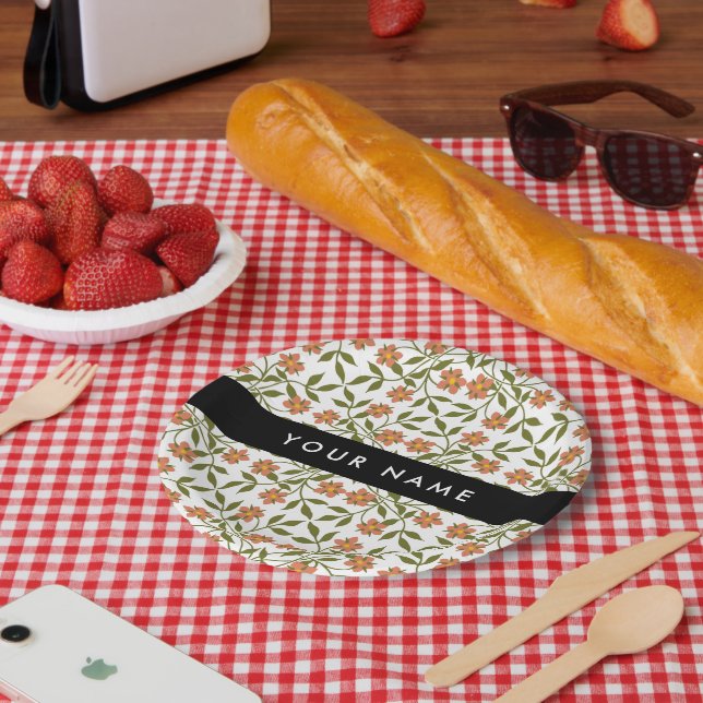 Orange Flowers, Floral Pattern, Boho, Your Name Paper Plate (Picnic)