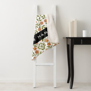 Orange Flowers, Floral Pattern, Boho, Your Name Sherpa Blanket
