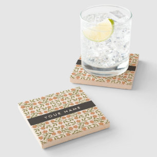 Orange Flowers, Floral Pattern, Boho, Your Name Stone Coaster