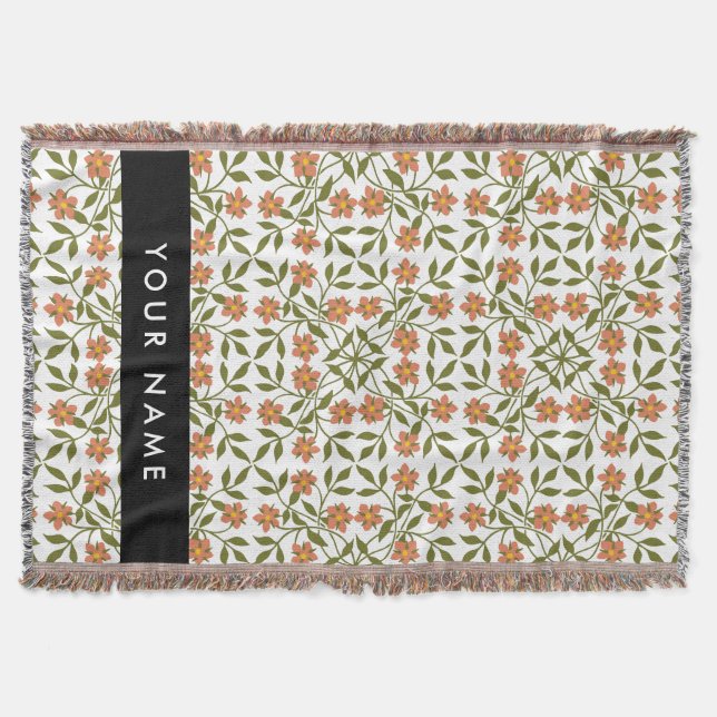 Orange Flowers, Floral Pattern, Boho, Your Name Throw Blanket (Front)