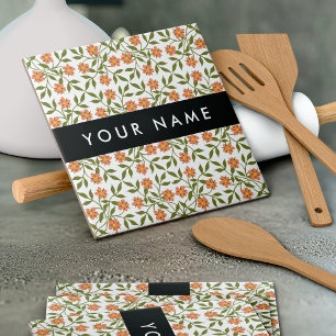 Orange Flowers, Floral Pattern, Boho, Your Name Tile