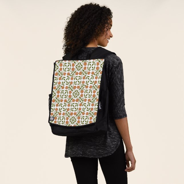 Orange Flowers, Floral Pattern, Greenery, Boho Backpack (Worn)