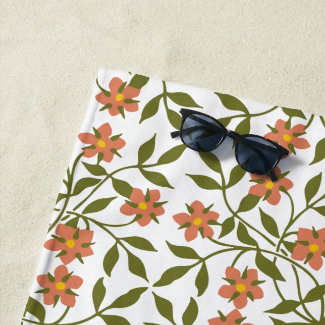 Orange Flowers, Floral Pattern, Greenery, Boho Beach Towel (In Situ)