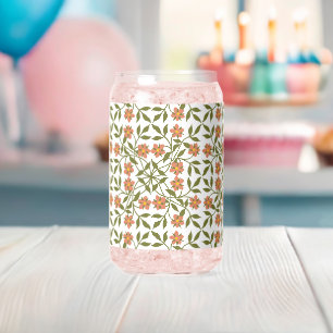 Orange Flowers, Floral Pattern, Greenery, Boho Can Glass
