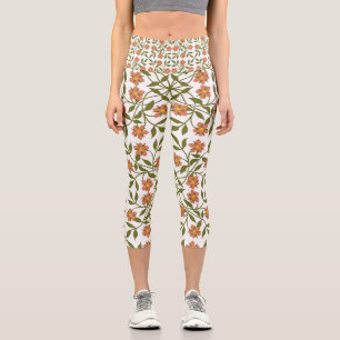 Orange Flowers, Floral Pattern, Greenery, Boho Capri Leggings