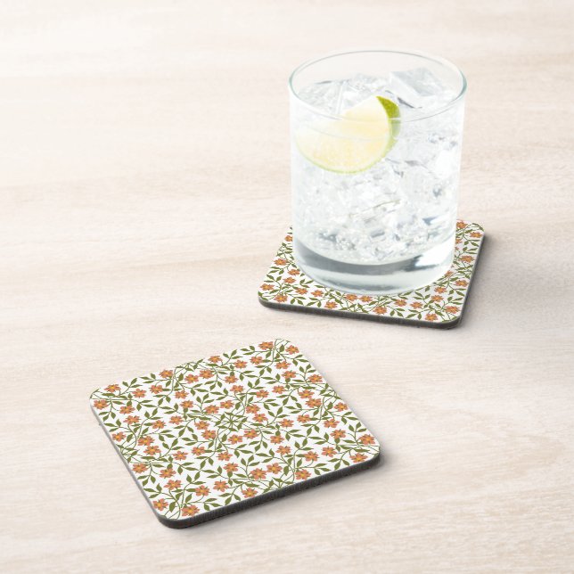 Orange Flowers, Floral Pattern, Greenery, Boho Coaster (Right Side)
