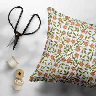 Orange Flowers, Floral Pattern, Greenery, Boho Decorative Cushion