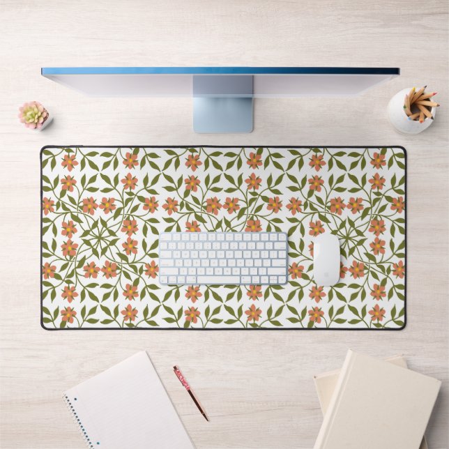 Orange Flowers, Floral Pattern, Greenery, Boho Desk Mat (Office 1)