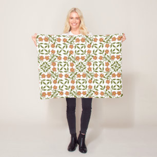 Orange Flowers, Floral Pattern, Greenery, Boho Fleece Blanket