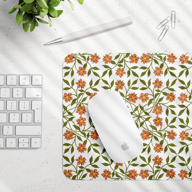 Orange Flowers, Floral Pattern, Greenery, Boho Mouse Mat (Creator Uploaded)